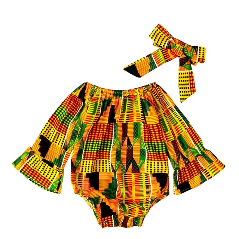 Baby Girl African Kente Print Long Sleeve Onsie & Headband